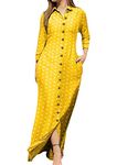 YMING Women's Long Sleeves Polka Dots Dresses Loose Front Split Long Dress Simple Maxi Shirt Dress Dots Yellow XL