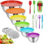 Stainless Steel Mixing Bowls with Lids Set, Size 5.5,4.2,3.5,2.5,1.5,1QT, 21Pcs Nesting Metal Mixing Bowls Set for Kitchen Baking/Cooking, Colorful Airtight Lids with 3 Grater Attachments