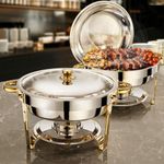 WARMOUNTS Gold Chafing Dishes for Buffet, 5QT Round Chafing Dish Buffet Set w/Lid Holder, Thickened Stainless Steel Chafers and Buffet Warmers Sets for Weddings, Events, Banquet (2)