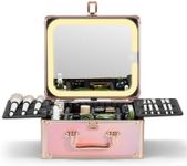 Qislee Makeup Box with A Detachable Lighted Mirror, Waterproof Travel Train Case, Cosmetic Organizer and Makeup Suitcase with Adjustable Dividers, Magnetic LED Mirror(Sparkling Gradient Pink)