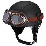 Woljay Vintage Leather Motorcycle Retro Half Helmet Men Women Adult for Scooter Bike Cruiser with Goggles and Drop Down Sun Lens (Medium, Black)