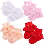 Acfun 4 Pairs Eyelet Frilly Bow Lace Ruffles Baby Socks Newborn Cotton Baby Girls Sock Cute Newborn Toddler Infant Kids Socks Bowknot Party School Princess Stockings Baby Accessories (0-1 Year)