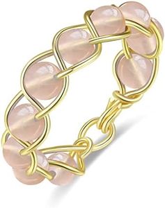 Tsnamer Rose Quartz Crystal Ring, Handmade Wire Wrapped Beaded Braided Rose Quartz Ring, Stone, rose quartz