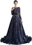 Ikerenwedding Women's Long Sleeves Scoop Sequins Lace-up Prom Ball Gown (US18W, Dark Blue)