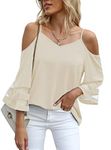 Jouica Womens Mesh Panel 3/4 Bell Sleeve ​Cold Shoulder Tops Tees Blouse,01Beige White,Large