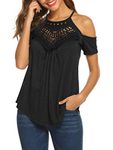 Bluetime Summer Tops for Women Short Sleeve T Shirts Cold Shoulder Casual Tops Tees, Black, X-Large