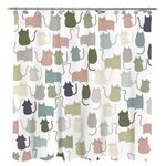 Sunlit Design Lovely Sage Green Cartoon Cats Fabric Shower Curtain, Cute Cats Bathroom Decoration Curtains for Baby Kids Children, 71x71