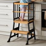 COSYLAND Kids Kitchen Step Stool, Toddler Standing Tower with CPC Certification, Removable Anti-Drop Railing Safety Rail Enjoys Unique Patented Design A Anti-tip Stable Structure Natural & Black