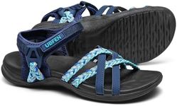 UBFEN Womens Hiking Sandal Sport Sandal Straps with Adjustable Hooks Arch Support Beach Vacation Outdoor Adventure Casual Size 8 Dark Bule Mint