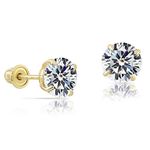 14k Yellow Gold Solitaire Round Cubic Zirconia Stud Earrings in Secure Screw-backs, Yellow Gold, Cubic Zirconia