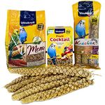 Budgie Food bundle of Budgie Seed Mix & Budgie Treats containing Menu 500g x1, Fruit Cocktail 200g x1, Kracker Trio Mix Egg Apricot Honey 3 Sticks and Budgie Millet Spray x6