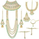 Peora Ethnic Indian Traditional Gold Plated Kundan Dulhan Bridal Jewellery Set with Choker Earrings Maang Tikka Hathphool for Women (Mint)