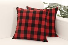 PurpleEssences Set of 2 Buffalo Plaid Check Throw Pillow Covers Farmhouse Square Pillow Cushion Case 100% Cotton for Fall Thanksgiving Decor Car Bed Sofa, 16x16 inches -Red and Black