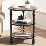 GarveeHome Round End Table with Storage Shelves, 3-Tier Round Farmhouse Side Table w/Mental Support Legs, Rustic End Table Accent Nighstands for Living Room Bedroom (B, Dark Oak)