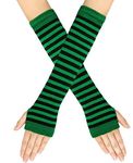 B-HOT Warmer Fingerless Gloves Stretchy Knit Thumb Hole Sun Protection Long Arm Stripe Glove Green/Black