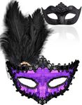 SIQUK Couple Masquerade Masks Venetian Party Mask Plastic Costume Mask Mardi Gras Mask for Couples, Feather Black & Violet