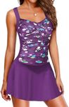 Ekouaer Swim Dress One Piece Bathing Suit Skirted Swimsuits for Women Ruched Retro Swimwear(Purple,X-Large)