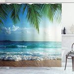 ABAKUHAUS Ocean Shower Curtain, Palms Tropical Island Beach Maldives Photography Home Postcard Traveler Explorer, Cloth Fabric Bathroom Decor Set with Hooks, 86 Inches Extra Long, Blue and Green