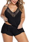 XAKALAKA Women Plus Size Pajamas Cami Shorts Set Nightwear Sexy Lace Lingerie Sleepwear, Black, 4X-Large