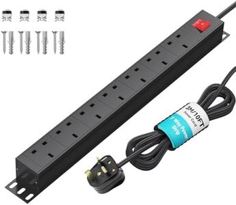 Extension Lead Surge Protection 7 Way Power Strip with Switch, Multi Plug Socket Horizontal PDU Power Distribution Unit, Rack Mount Power Outlets Wall Mount Power Strip, 3m Cable