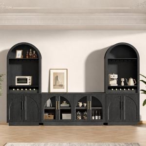Arden Collection 3-Piece Display & Storage Cabinet Set, Arched Glass Door Sideboard and Tall Pantry Cabinets with LED Lighting, Wine Storage and Charging Station for Dining Room, Coffee Bar,Black Grey