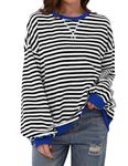 Oyamiki Womens Black Long Sleeve Shirt Tops with White Striped Pullover Casual Trendy Y2K Tops Contrast Sweater M