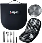 Aaspad Picnic Cutlery Kit with Portable Case Camping Essentials Silverware Set Travel Utensils Outdoor Tableware Stainless Steel Flatware with Forks,Spoons,Serrated Knife,Food Clip,Plates (Black)