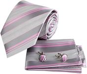 Epoint Men Neckties Gray Neck Ties Hanky Cuff Set Pure Silk Stripe Wrinkle-Free Store Business- Casual EAC1003 Light Gray,Pink