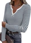 Zeagoo Womens Long Sleeve Tops Stripe V-Neck Shirts Casual Ribbed Knit Slim Fit Basic Tee,Navy+White,XL