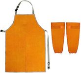 QWORK Welding Apron& Sleeves, Welding Work Protectors Set, Heat and Flame Resistant Leather Work Shop, Blacksmith Protective or Safety Clothing, Welders, Fireplace, Gardening, BBQ Apron, Bib Apron