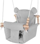 Baby Swing Outdoor Indoor, Secure Canvas Baby Swing,Wooden Baby Hanging Swing for Infant,Toddler Swing Seat,3-Point Adjustable Safety Harness,Mounting Hardware Included,Gift for Baby Boys Girls,Grey