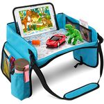 [New Version] Car Seat Organizer Kids Travel Tray for Kids Toddlers Activities in Car Seat, Stroller, Airplane | Waterproof Dry Erase Top | Side Pocket Blue