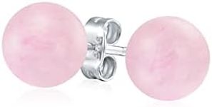 Simple Semi Precious Gemstone Light Pink Quartz Round Ball Stud Earrings For Women Teen .925 Sterling Silver 6MM