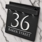 K Smart Sign | Bellissima S1 LED F32 | Square Solar Light House Signs Door Number Plaques With LED Personalised Name Address Sign For Wall With Classic Text (Matt Black & Silver Mirror)