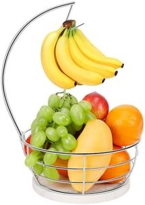Livabber Countertop Fruit Basket Bowl with Banana Hanger, Modern Standing Fruit Vegetable Bowl Storage, with Banana Tree Holder for Kitchen Dinning Table (Round Marble, Chrome)