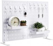 Tabletop Peg Board Display Stand with 10 Hooks & 2 Trays, No Drilling, Freestanding Portable Plastic Pegboard for Vendor Office Home Dorm Apartment, White