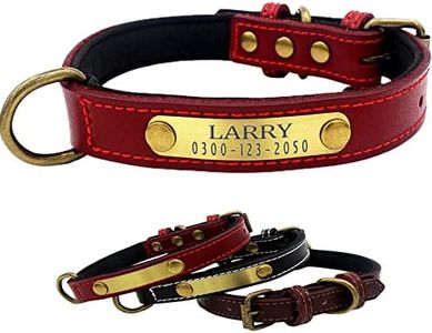 Yonsbox Personalized Leather Dog Collar with Soft Padded Name Plate Engraved Custom Adjustable Heavy Duty Thick Red Dog Collars for Male Female Boy Girl Puppy Small Medium Large Dogs