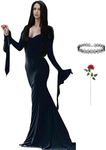 Moosth Halloween Costume Women Long Black Bodycon Gothic Dress with Necklace and Artificial Red Rose Accessories (M)