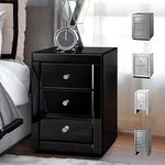 ALFORDSON Mirrored Bedside Table 58cm Height Sofa Side Table Bedroom Living Room Table Nightstand Storage Organiser Home Furniture Glass Cabinet Chests of 3 Drawers in Black Colour