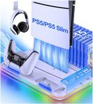 HELLCOOL PS5 Slim Stand with Turbo Cooler Fan & RGB Light, Cooling Stand for PS5 Slim Disc & Digital Edition/Playstation 5 Console, Controller Charger/15 Games Card Case/Headset Holder