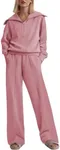 Aleumdr Two Piece Lounge Outfits Sweatsuits Matching Set for Women Fleece Half Zip Sweatshirt Oversized Pullover Wide Leg Sweatpants Tracksuit 2024 Fall Athletic Travel Clothing Pink