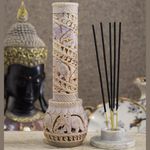 Carry Me Hand Carved Soapstone Incense Stick Holder | Candle Burner | Tea Light Stand. Elephant Jaali Carving Bottle Shape. Decorative Home and Kitchen Decor - (3x3x10.5 Inches)