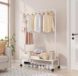 Lukzer Multipurpose Heavy-Duty Single Pole Metal Garment Stand with Wheels 1 Bottom Shelf Clothing Rack Cloth Storage Organizer (172 x 120 x 34cm/White)