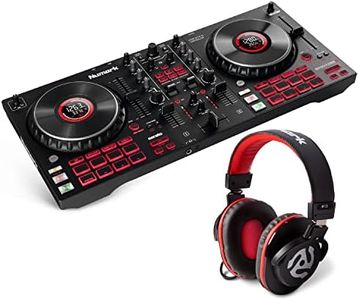 DJ Controller Bundle - DJ Set with 4 Decks, DJ Mixer, Audio Interface, Jog Wheel Displays, FX and DJ Headphones - Numark Mixtrack Platinum FX and HF175