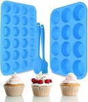 2-Pack Silicone Muffin Tray Set–Regular 12 Cups Deep Muffin Tin and Mini 24 Cups Cupcake Baking Tray,BPA Free,Non Stick,Heat-Resistant,with Bonus 1 Silicone Spatula & 1 Oil Brush(Blue)