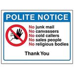 V Safety Polite Notice: No Junk Mail Sign - 150mm x 100mm - Self Adhesive Vinyl