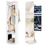 RELAX4LIFE 360° Swivel Jewellery Cabinet, 3-Color LED Lights Jewelry Organiser with Full Length Mirror & Coat Rack, Dressing Cosmetics Armoire for Bedroom Dressing Room