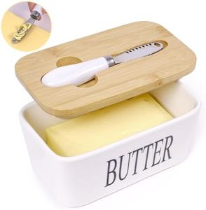 Butter Dish, Ceramic Butter Dish with lid and Knife, Large Butter Container Double Silicone Seals Easy Clean Airtight Butter Dishes for 2 Sticks of Butter West or East Coast Butter (White)