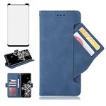 Phone Case for Samsung Galaxy Note 8 Wallet Purse Leather Flip Cover With Tempered Glass Screen Protector Card Holder Slot Stand Kickstand Cell Accessories Glaxay Note8 Not Galaxies Women Men Blue