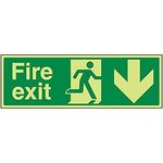 V Safety Glow In The Dark Fire Exit Arrow Down Sign - 450mm x 150mm - Rigid Plastic